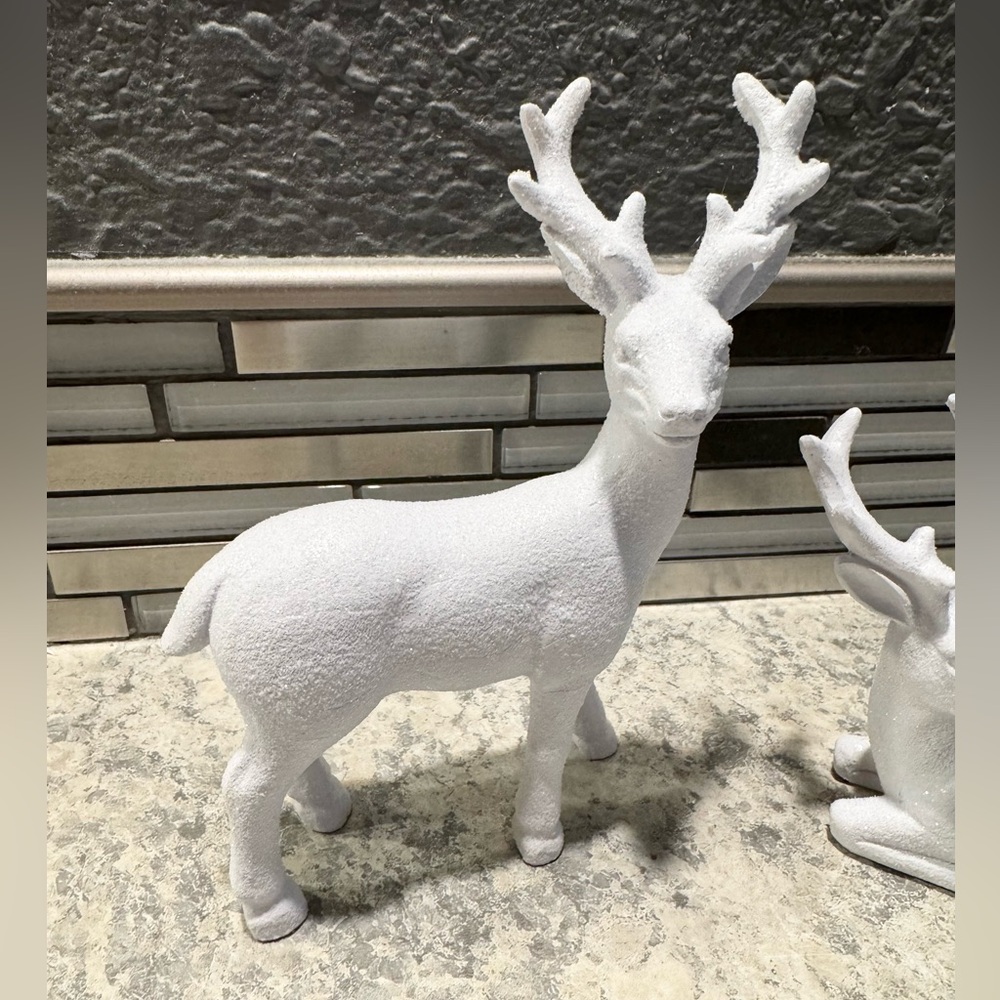 Holiday White Shimmer Winter Christmas Deer Set of 2 - Picture 2 of 3